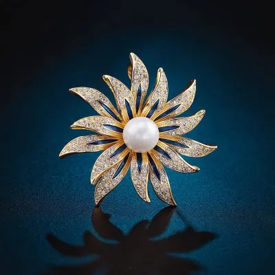 White Pearl Crystal Flower Brooch